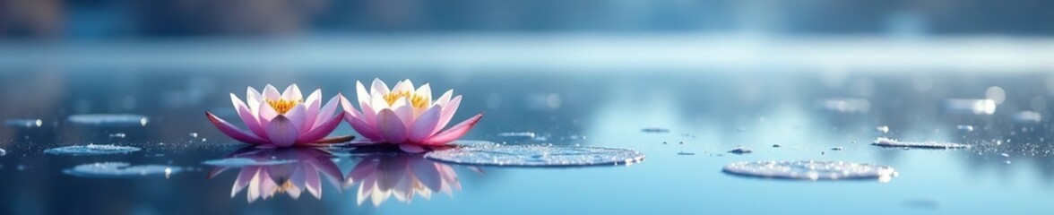 Frosty water lilies on a serene frozen lake surface, frozen serenity, blue sky