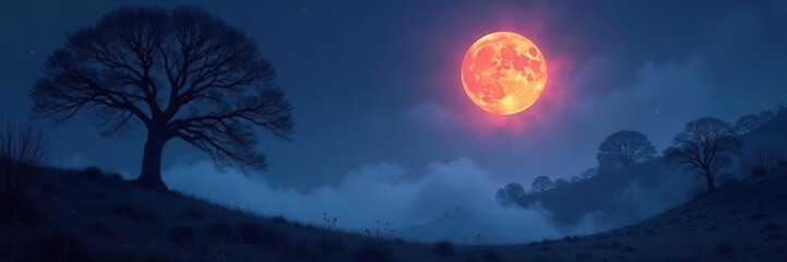Full moon rising above spooky trees and misty landscape, full moon, spooky trees