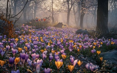 A field of purple and yellow crocuses blooming in spring