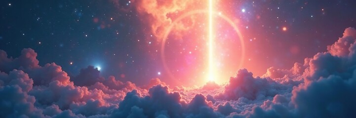 Ethereal glow emanates from a radiant beam in a dreamy scene, serene, surreal, gentle