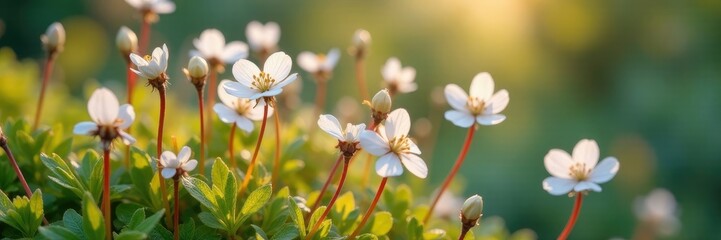 White flowers with thin bright red stems sway in a gentle wind, foliage, plant, red stems