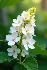 Fototapeta premium White flowers with pinkish tint on green stems, hydrangea oakleaf white pink green stem flowers, spring, blossoms
