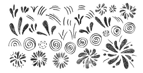 Firework crayon drawing set isolated on white background. firecracker in pencil doodle style collection. Black conceptual sketch childish vector hand drawn illustration