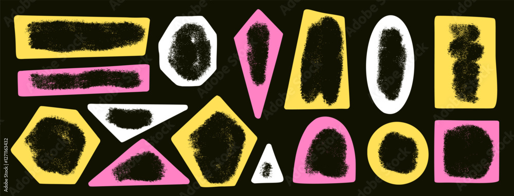Poster kids paint geometric shapes with empty space set. text boxes paint spray textured frames. rounded an