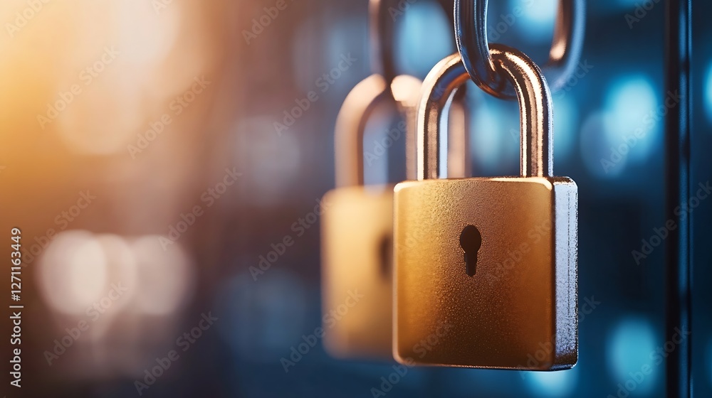 Poster Several gold padlocks are shown hanging in a row symbolizing security and safe storage in a digital world : Generative AI