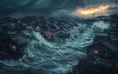 Fototapeta premium A fishing village being engulfed by a powerful tsunami