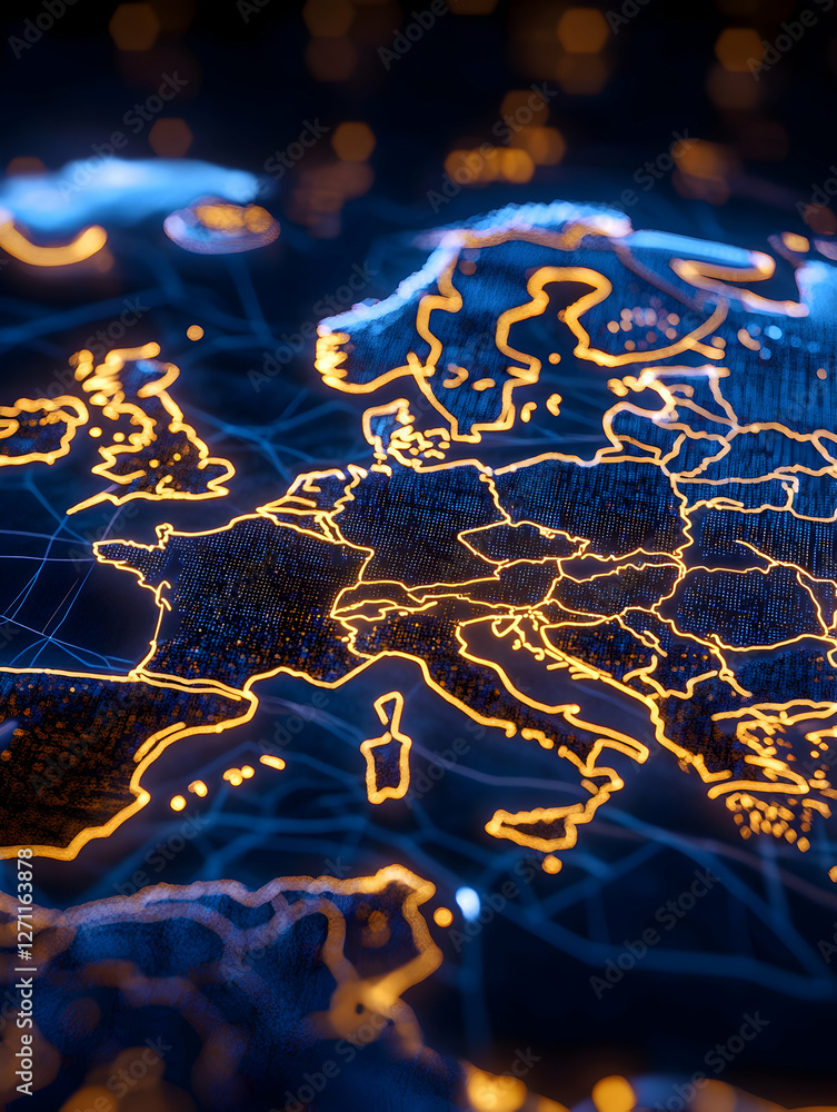 Poster europe map glowing with data connections, ideal for tech reports and information