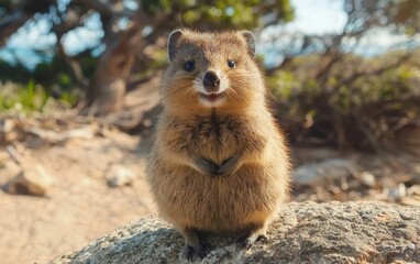 A fluffy quokka smiling on a rocky island