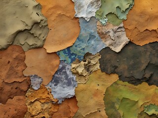 Fototapeta premium Textured Terrain Mosaic: A close-up shot revealing a dynamic and textured mosaic composed of irregularly shaped pieces in a variety of earth-toned colors, creating an artistic, abstract pattern.