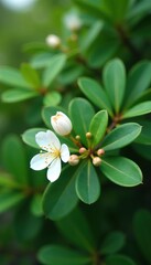 Obraz premium Waxy leaves of Eucalyptus orbifolia with white flowers on a branch, flowers, nature