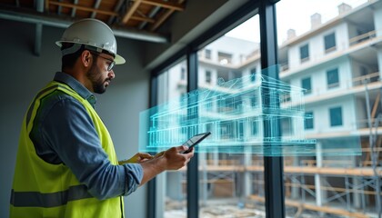 Architect on-site uses tablet, examines 3D hologram of completed building overlaid on construction site. Engineer ensures project progresses according to digital plans. Modern tech construction