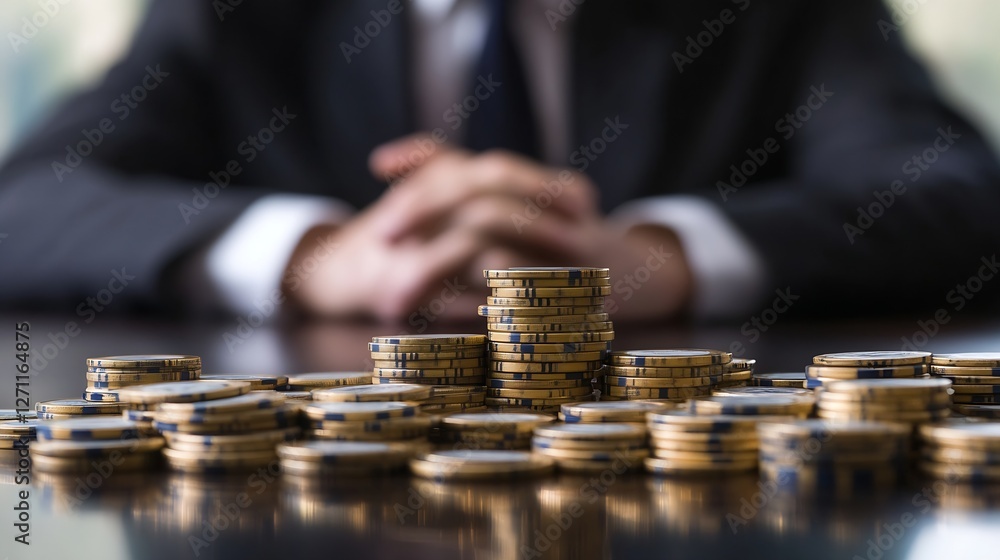 Poster stacks of golden coins symbolizing wealth and financial success in a corporate setting : generative 