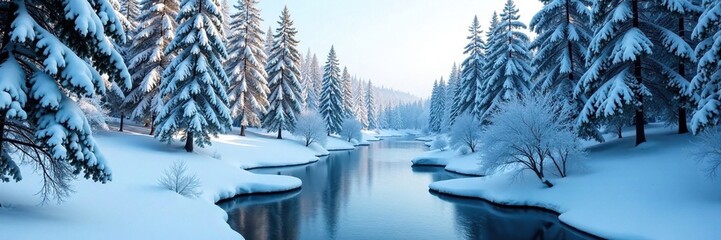 Icy forest landscape with snow-covered trees and a frozen river, winter landscape, serene