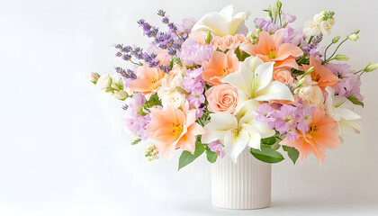 Floral arrangement in vase with white background for celebrations and decoration use