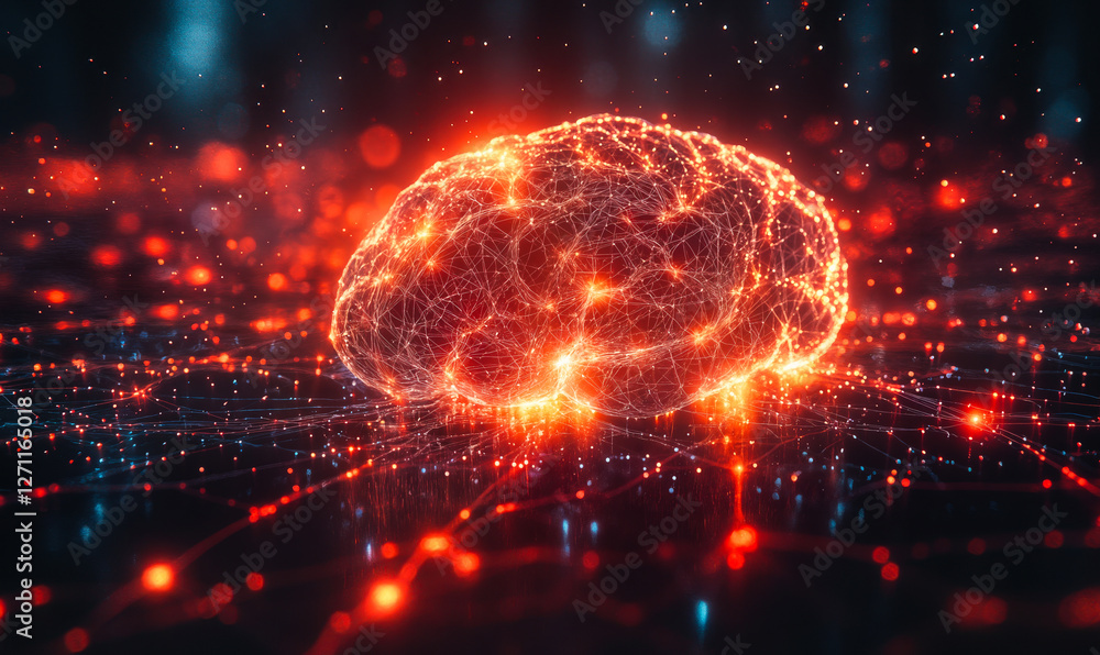 Poster futuristic digital brain visualization with neural network connections and glowing synapses for ai t