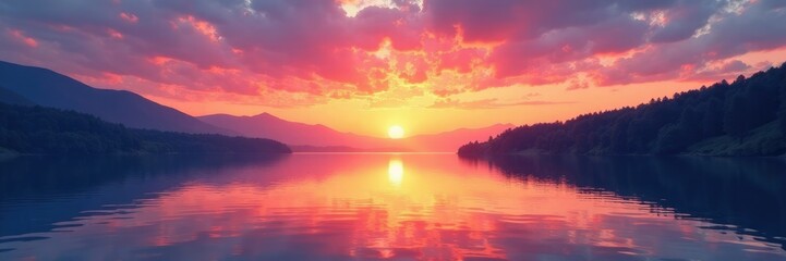 Softly glowing sunset colors on a calm lake shore, colors, brush stroke