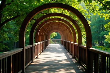 Fototapeta premium Wooden arches with metal railings under trees, serene, railings