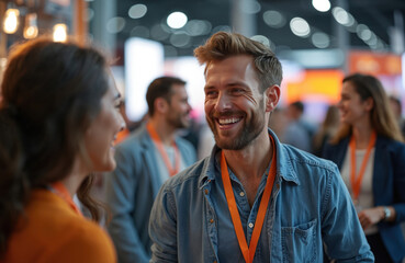 Lively trade show scene professionals chatting, laughing. Man in thirties smiles surrounded by colleagues with lanyards at exhibition. Business meeting, networking, corporate travel concept.