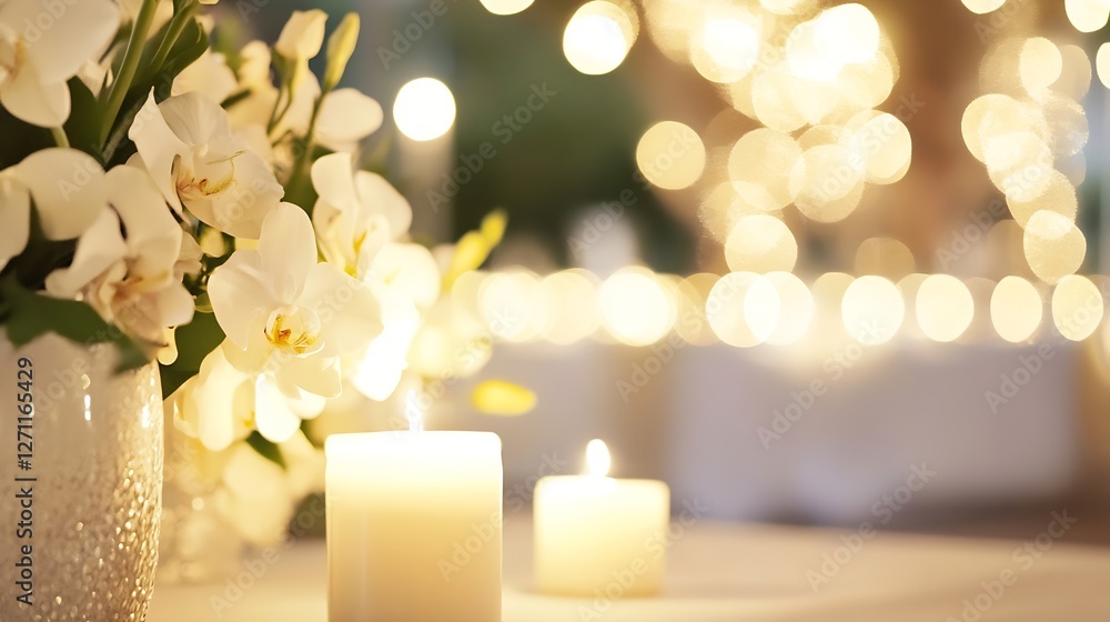 Poster elegant floral arrangement with white orchids and soft candlelight creating a warm ambiance : genera