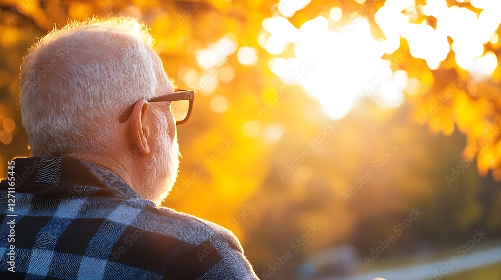 Aufkleber senior man enjoying a serene sunset view surrounded by fall colors in a peaceful outdoor setting : g