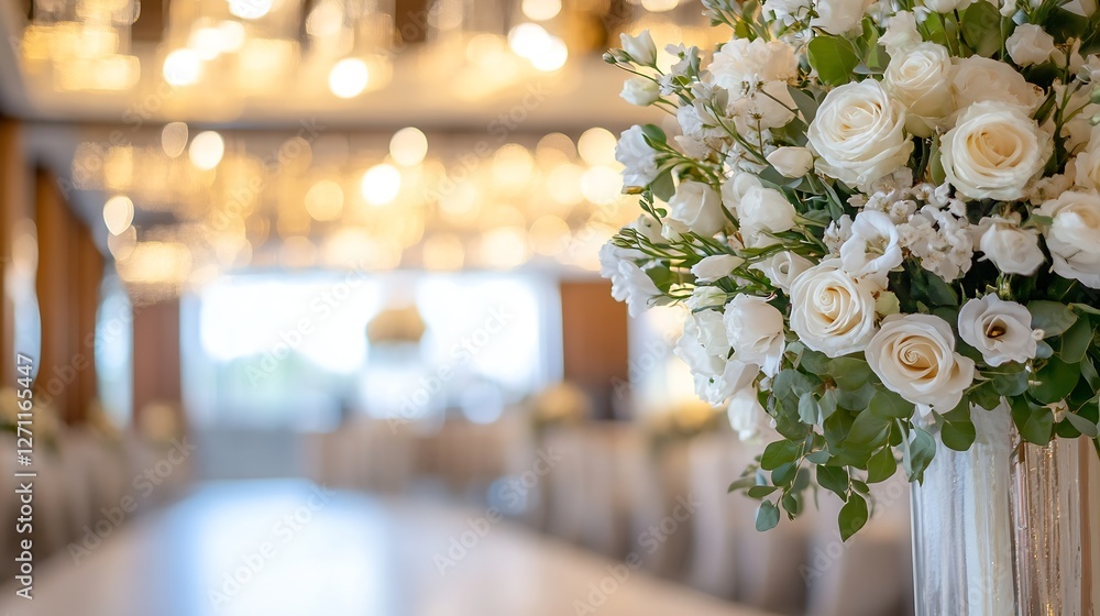 Poster elegant floral arrangement in a luxurious setting with soft lighting perfect for celebrations and ev