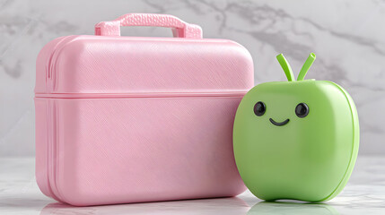Pink briefcase, happy apple, marble background; healthy lunchbox
