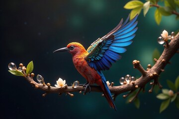 Fototapeta premium Exotic feathers and shimmering crystals decorate an unusual branch, ornamental, exotic decor, branch