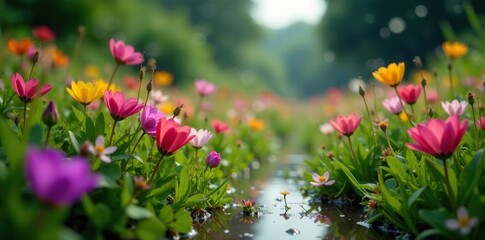 Obraz premium Gotas de lluvia en el suelo entre flores moradas, verano, gotas de lluvia, campo