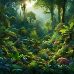 Lush Jungle with Sunlight Filtering Through	