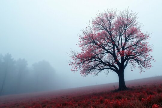 Bare tree branches with red barberry berries in fog, misty landscape, bare tree