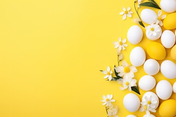 Top view of white Easter eggs on a yellow background