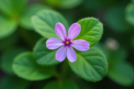 Delicate purple three-petaled clover with an extra green leaf, flower, leafy, foliage