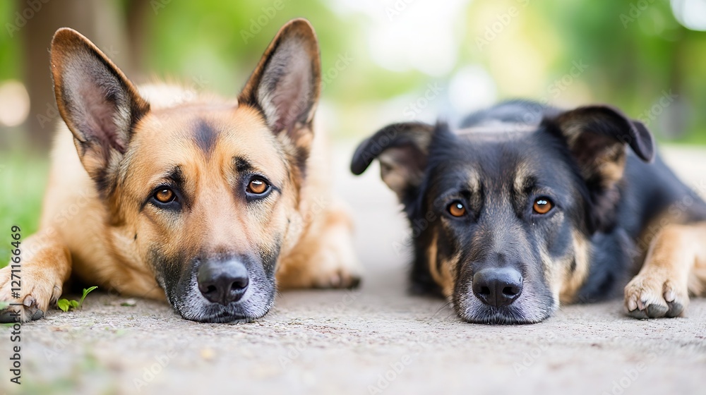 Poster two relaxed dogs lying on a gravel path surrounded by greenery enjoying a sunny day : generative ai