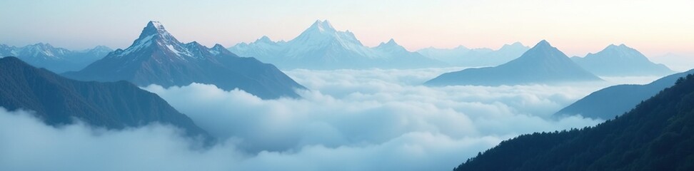 Fototapeta premium Towering mountain peaks shrouded in clouds and fog, foggy, misty