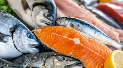 Closeup view of various fresh fish and seafood displayed together on ice : Generative AI