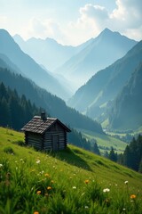 Misty morning light reveals a charming wooden haystack nestled within the emerald green valleys of the mountains, calm, atmospheric