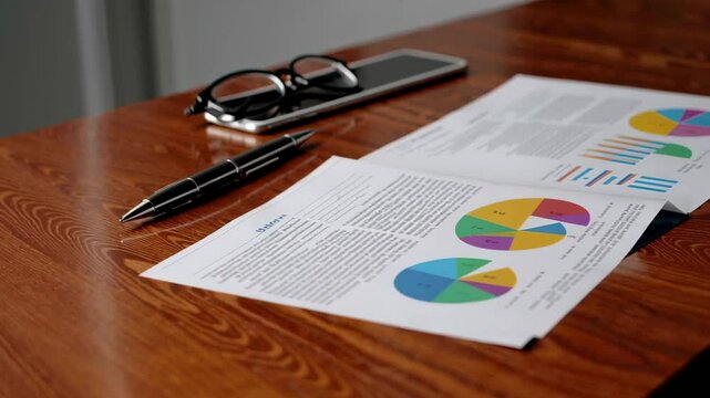 Business documents, charts, graphs, reading glasses, and smartphone scattered on wooden desk, highlighting professional workspace with data analysis elements in meticulous slow motion perspective