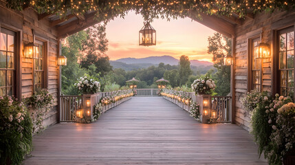 Obraz premium Mountain sunset view from wooden deck, wedding ceremony setup