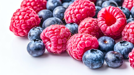 Fresh raspberries and blueberries are scattered, perfect for healthy diet