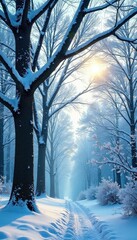 Snowy linden tree branches stretching towards the sky, frozen forest, snowflakes gently falling