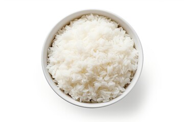 Top view of white isolated boiled rice bowl