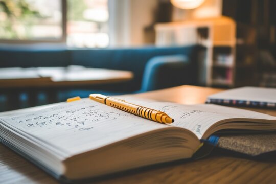 Open Notebook with Calculations and Pen - A Study Session