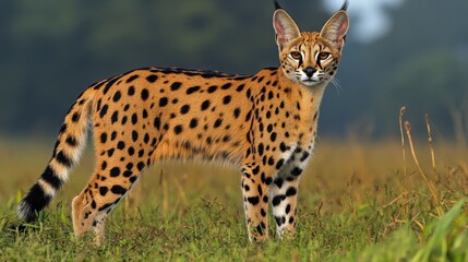 Obraz premium A beautifully detailed image of a serval cat standing in tall golden grass, its long legs and spotted coat blending seamlessly into the landscape.