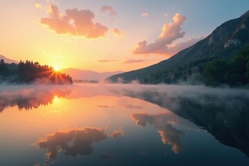Fog rolling off the surface of a calm lake at sunrise, sunrise, peaceful,