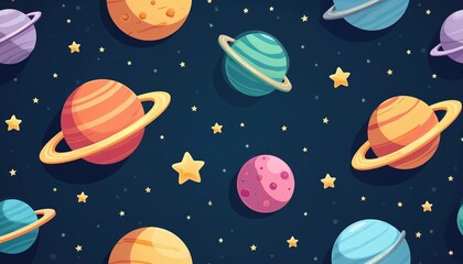 Seamless pattern of colorful cartoon planets and stars on dark blue background. Cosmos with cute celestial bodies, moon, universe wallpaper. Design element for children fabric or wrapping paper.