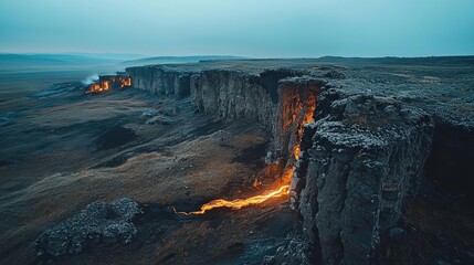 Fototapeta premium Volcanic landscapes concept. A mesmerizing view of a lava flow across a rugged volcanic landscape at twilight.