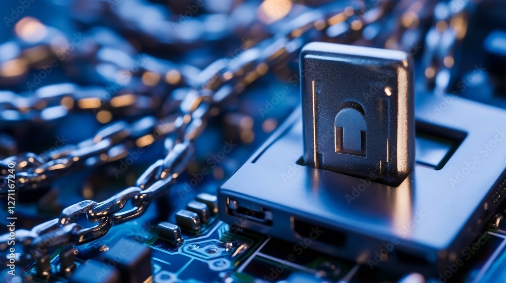 Aufkleber Secure lock on a microchip surrounded by chains representing data protection technology : Generative AI
