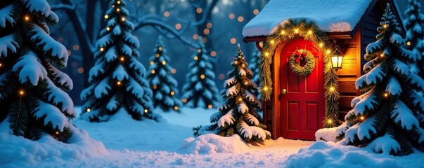 Fototapeta premium Winter wonderland scene with festive Christmas door, winter, christmas