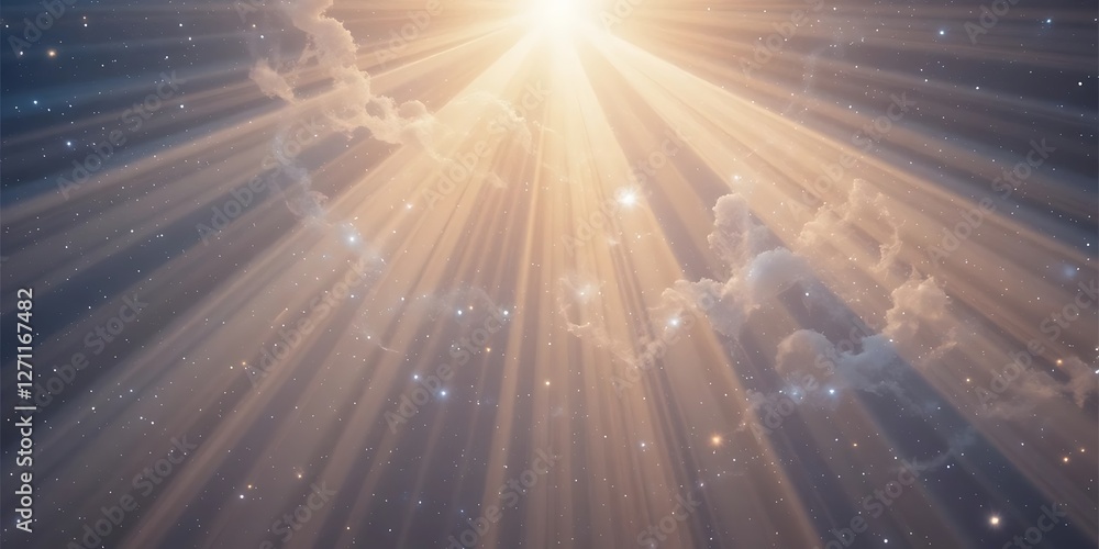 Poster ethereal light beams through clouds and stars creating a celestial scene