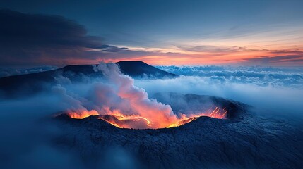 Volcanic landscapes concept. Majestic view of an active volcano surrounded by clouds at sunset.